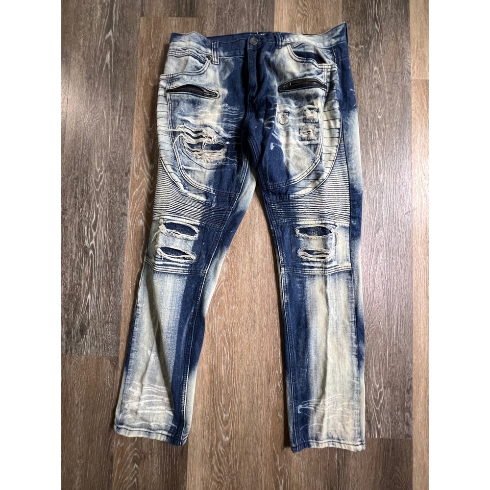 Blue Cult Moto Jeans Mens 36 Blue Acid Wash Distressed Biker Denim Pants